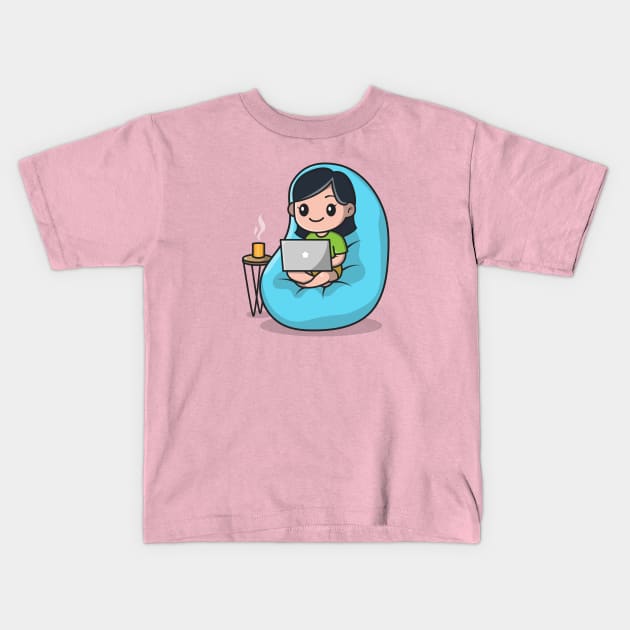 Cute Girl Working On Laptop Cartoon Kids T-Shirt by Catalyst Labs